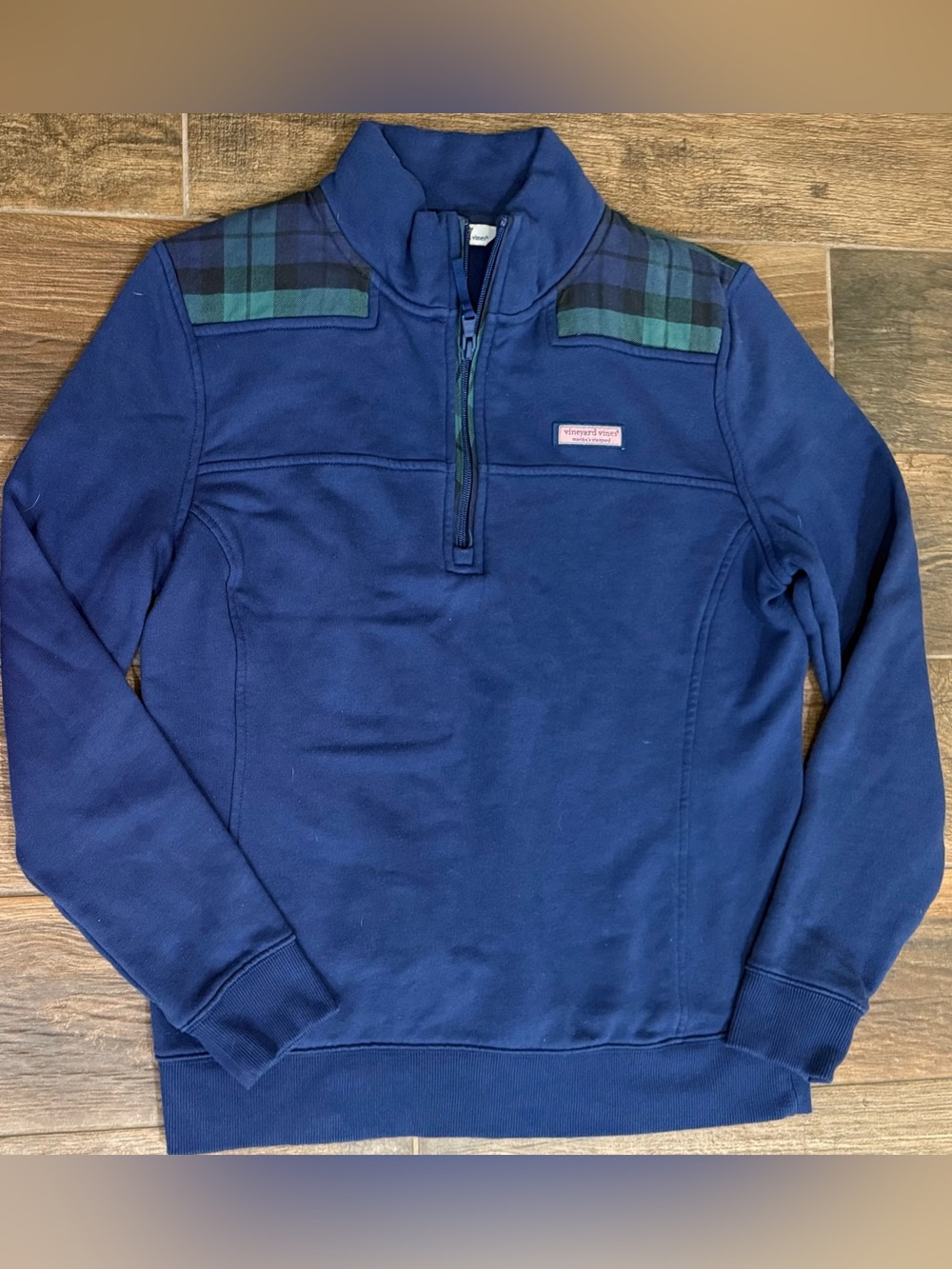 Women’s Vineyard Vines Navy Quarter-Zip Pullover with Plaid Shoulder Accents